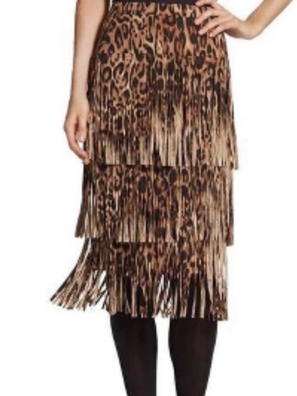 Chico’s Women’s Fancy Fringe Leopard Print Midi Boho Skirt pull on style S NEW